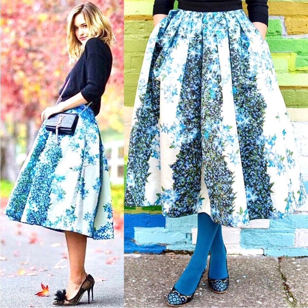 Tibi 100% Silk Gazar Blue Floral Pleated Full Sidewalk Luxury Midi Skirt Size 2 - Picture 4 of 16